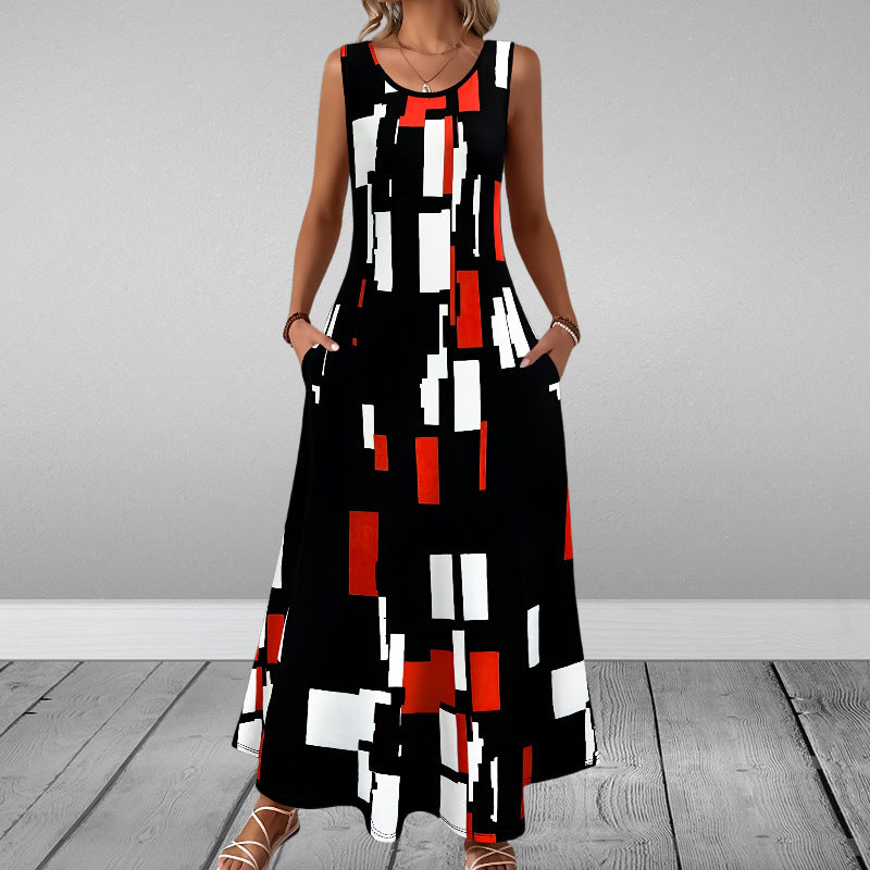LILY Sleeveless Slim Fit Elegant Printed Pocket Dress