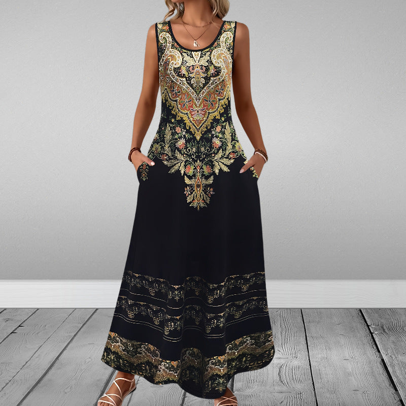 LILY Sleeveless Slim Fit Elegant Printed Pocket Dress