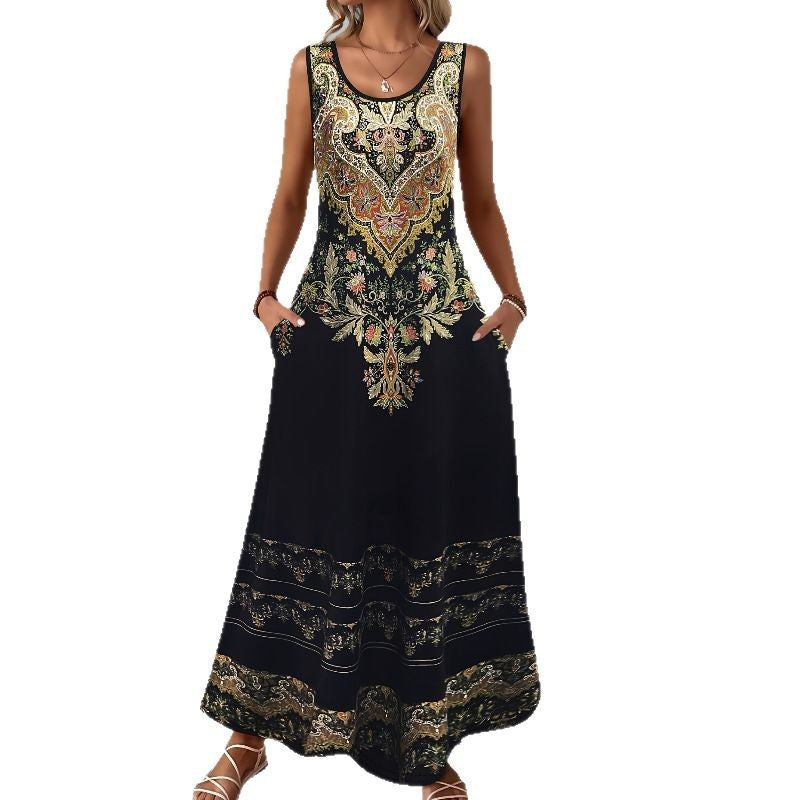 LILY Sleeveless Slim Fit Elegant Printed Pocket Dress