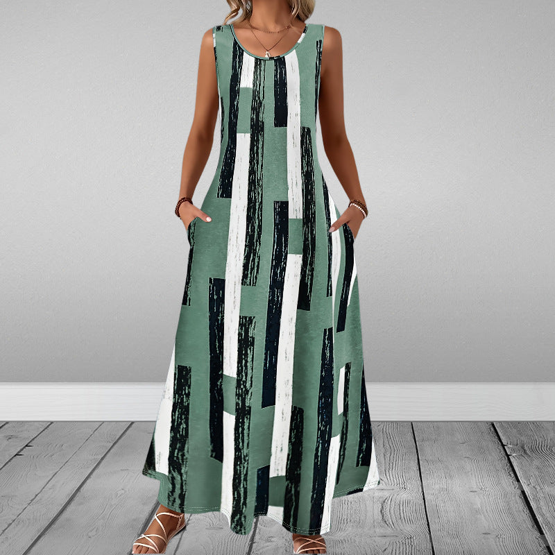 LILY Sleeveless Slim Fit Elegant Printed Pocket Dress