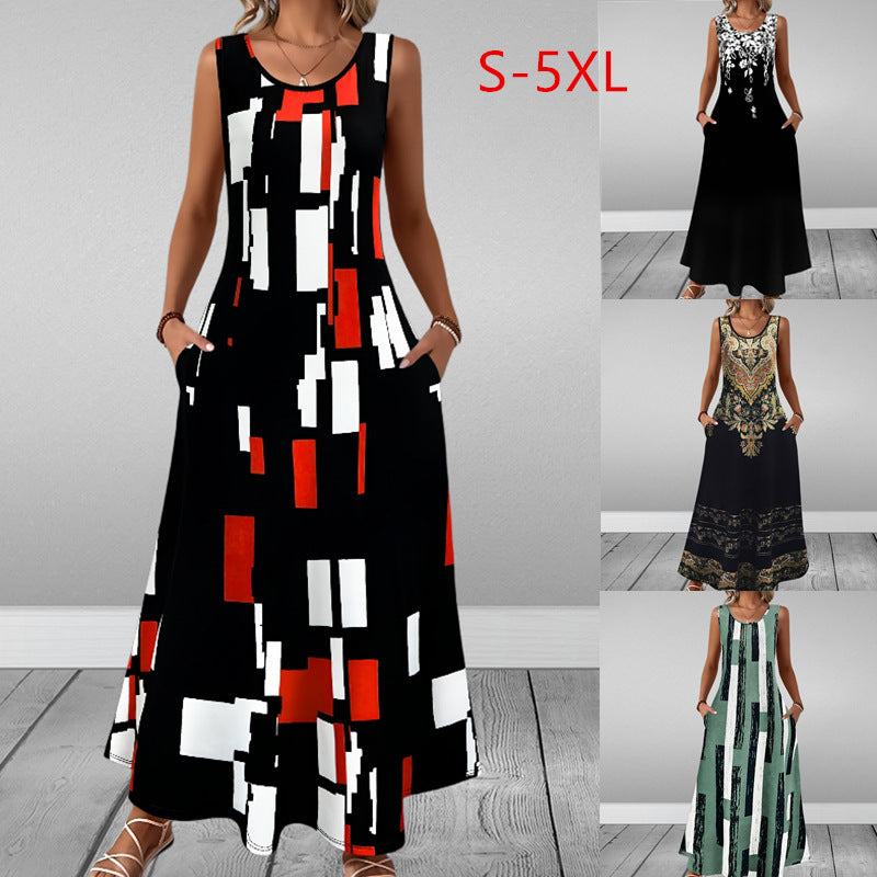 LILY Sleeveless Slim Fit Elegant Printed Pocket Dress