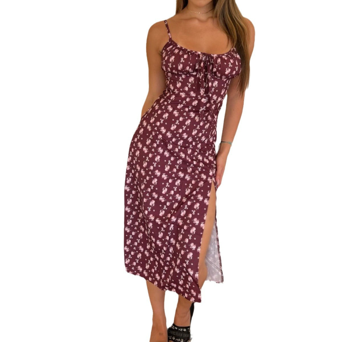 MILA Printed Self-tie Slit Sling Dress